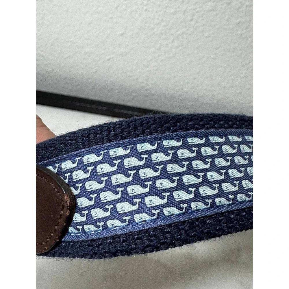 Vineyard Vines Belt Mens 32 Navy Whale Logo Canvas Leather Coastal Preppy Boat